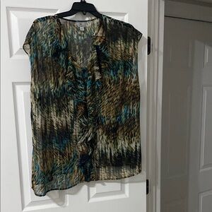 Worthington Blue and Brown Ruffled Blouse